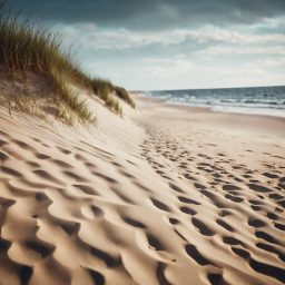 Tranquil Coastal Beach with Sandy Tracks and Overcast Skies
