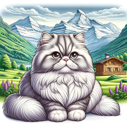 Majestic Long-Haired Cat Poses Amidst Serene Mountain Landscape and Blooming Meadows