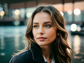Portrait of a Woman with Long Blonde Hair Outdoors at Twilight