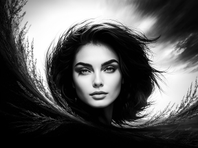 Striking Elegance: A Dramatic Portrait of a Woman Amidst Stormy Skies