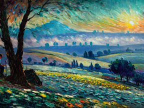 Vibrant Dawn Over Rolling Farmlands: An Expressive Landscape