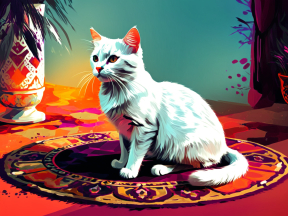 A Vibrant Indoor Scene Featuring a Grey and White Cat with Striking Blue Eyes