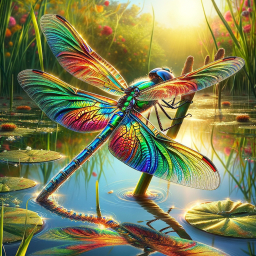 Enchanted Dragonfly: A Mystical Creature Amidst Lily Pads in a Magical Forest
