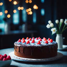 Decadent Chocolate Cake with Fresh Strawberries and Edible Flowers in a Cozy Café Setting