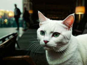 Captivating Green-Eyed Cat in a Dimly Lit Room with Blurred Background Activity