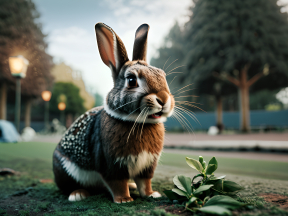 Gentle Brown and White Rabbit Relaxing on Grass in a Serene Outdoor Setting