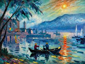 Tranquil Rowing at Sunset: A Serene European Lakeside Landscape