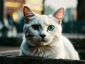 Intense Green-Eyed Cat Sitting Calmly Indoors Against a Soft-Focused Background