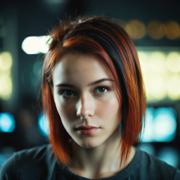 Young Woman with Red-Highlighted Bob Cut in Warm Indoor Lighting
