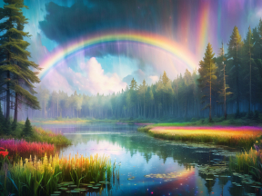 Tranquil Rainbow Over Serene Forest and Reflective Waters at Dawn