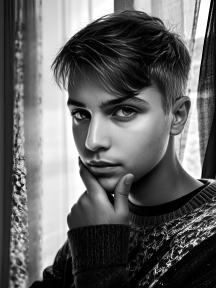 Thoughtful Pose Indoors: Young Adult with Stylish Hair and Patterned Sweater