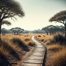 Tranquil African Savanna at Dawn: A Serene Path Through the Dry Season Wilderness