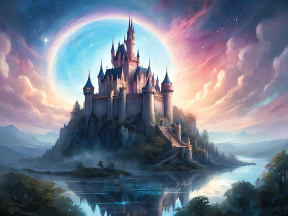 Celestial Splendor: A Majestic Castle Beneath a Shattered Moon at Twilight