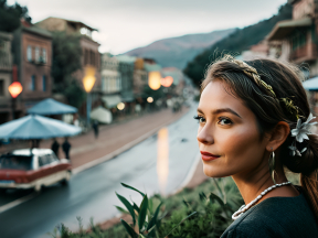 Serene Stroll: A Woman in a Flower Crown Amidst Rain-Kissed Mountain Village Streets