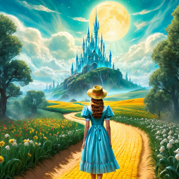 Dorothy Gale's Enchanting Journey Along the Yellow Brick Road to the Magical Castle Under the Moonlight
