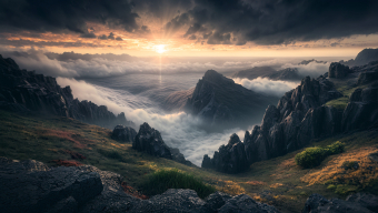 Misty Mountain Peaks at Sunrise: A Dramatic Contrast of Light and Landscape