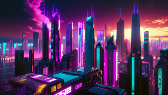 Neon Dreams: A Retrofuturist Cityscape at Twilight