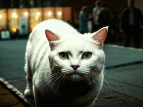 Nighttime Portrait of a Cat with Reflective Eyes and Alert Expression Outdoors