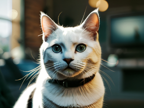 Curious Cat with Striking Green Eyes Poses Indoors Near TV Screen