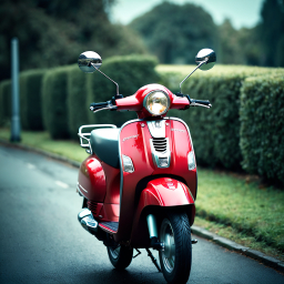 Red Motor Scooter Parked by a Lush Green Roadside at Dawn or Dusk