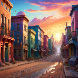 Tranquil Dusk in a Vibrant Cartoon Town: A Detailed Digital Illustration