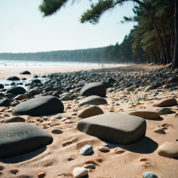 Pebble-Strewn Beach by a Coastal Forest on a Sunny Day