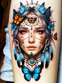 Intricate and Vibrant Dreamcatcher Tattoo Featuring a Woman’s Face with Spider Web and Butterflies
