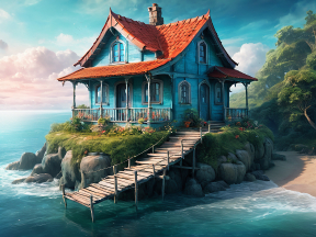 Tranquil Coastal Haven: A Secluded Blue House at Dawn