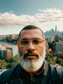 Portrait of a Bearded Man Wearing Glasses with Urban Cityscape Background on a Clear Day