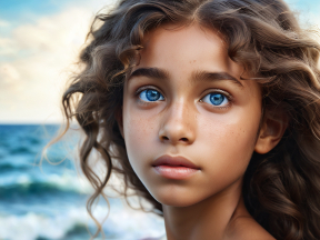 Portrait of a Woman with Striking Blue Eyes by the Ocean