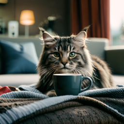 Cozy Morning: Content Cat Relaxing on Bed with Warm Beverage