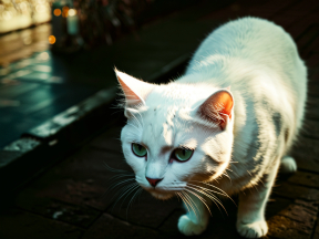 Alert Striped Cat Poses Outdoors on Brick Surface Amid Sunlit Foliage