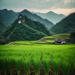 Terraced Rice Paddies and Traditional Villages in a Serene Southeast Asian Mountain Landscape