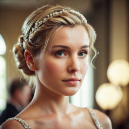 Elegant Blonde Woman in Beaded Headband and Strapless Evening Gown at Formal Event