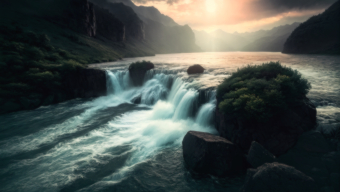 Tranquil Waterfall at Dawn: A Serene Rocky Landscape Bathed in Warm Light