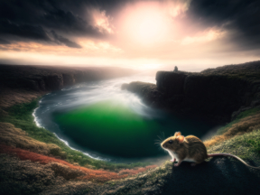 Solitude at Dusk: A Mouse's View Over a Majestic Lakeside Landscape