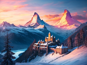 Enchanted Castle at Dawn: A Serene Mountain Fantasy Landscape