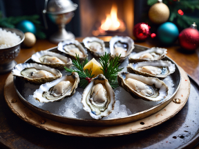 Festive Tray of Fresh Oysters on the Half Shell with Holiday Decorations