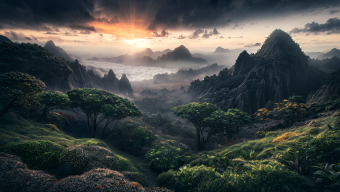 Fiery Peaks at Dawn: A Mythical Journey Through a Volcanic Realm