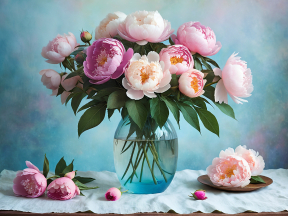Elegant Pink and White Peonies in a Glass Vase with Fallen Petals on a Soft Gradient Background
