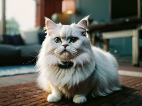 Annoyed Green-Eyed Cat Sitting on Carpeted Floor in Cozy Indoor Setting