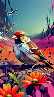 Vibrant Bird Perched Amidst Abstract Floral and Light Elements