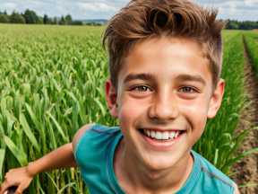 Smiling Young Person in a Sunny Outdoor Crop Field