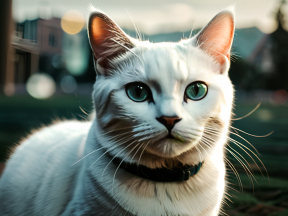 Close-Up of a Fluffy Blue-Eyed Cat in Soft Outdoor Dusk Lighting