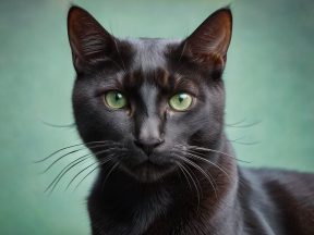 Striking Green-Eyed Black Cat Gazes Intently in Soft Indoor Setting