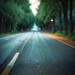 Serene Empty Street at Dawn with Tree-Lined Canopy and Reflective Wet Pavement