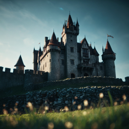 Majestic Medieval Castle with Towering Spires and Fortified Walls at Dawn