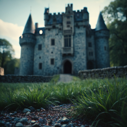 Majestic Medieval Stone Castle Amidst Overcast Skies and Ancient Grounds
