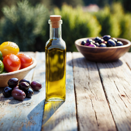Rustic Olive Harvest: Fresh Olive Oil and Bountiful Olives in a Sunlit Countryside Setting