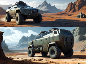 Rugged Military-Style Armored Vehicle in Desert Terrain: Dual Perspective Views